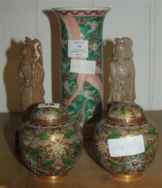 Pair cloisonne vases,sampson vase and 2 soapstone carvings